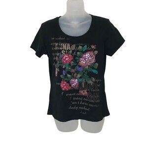 Anna Sui Black Floral Embellished T-shirt With Lace Back Size M